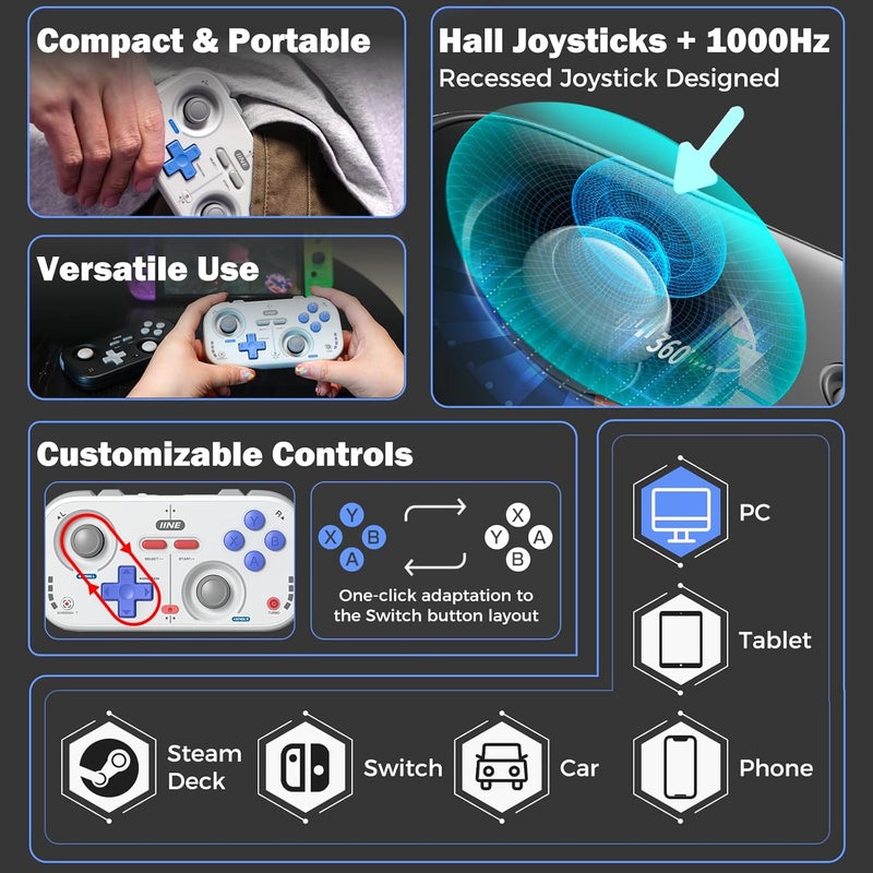IINE Retro Pocket Wireless Game Controller – Compact Gamepad with Hall Effect Joysticks, Customizable Buttons, 1000Hz Polling Rate – Compatible with PC, Switch, Mobile, Steam Deck, Tablet (Grey) - Image 2
